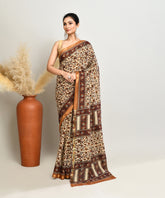 Cream-Brown Pure Bagru Pashmina Kalamkari Printed Sico Chanderi Saree